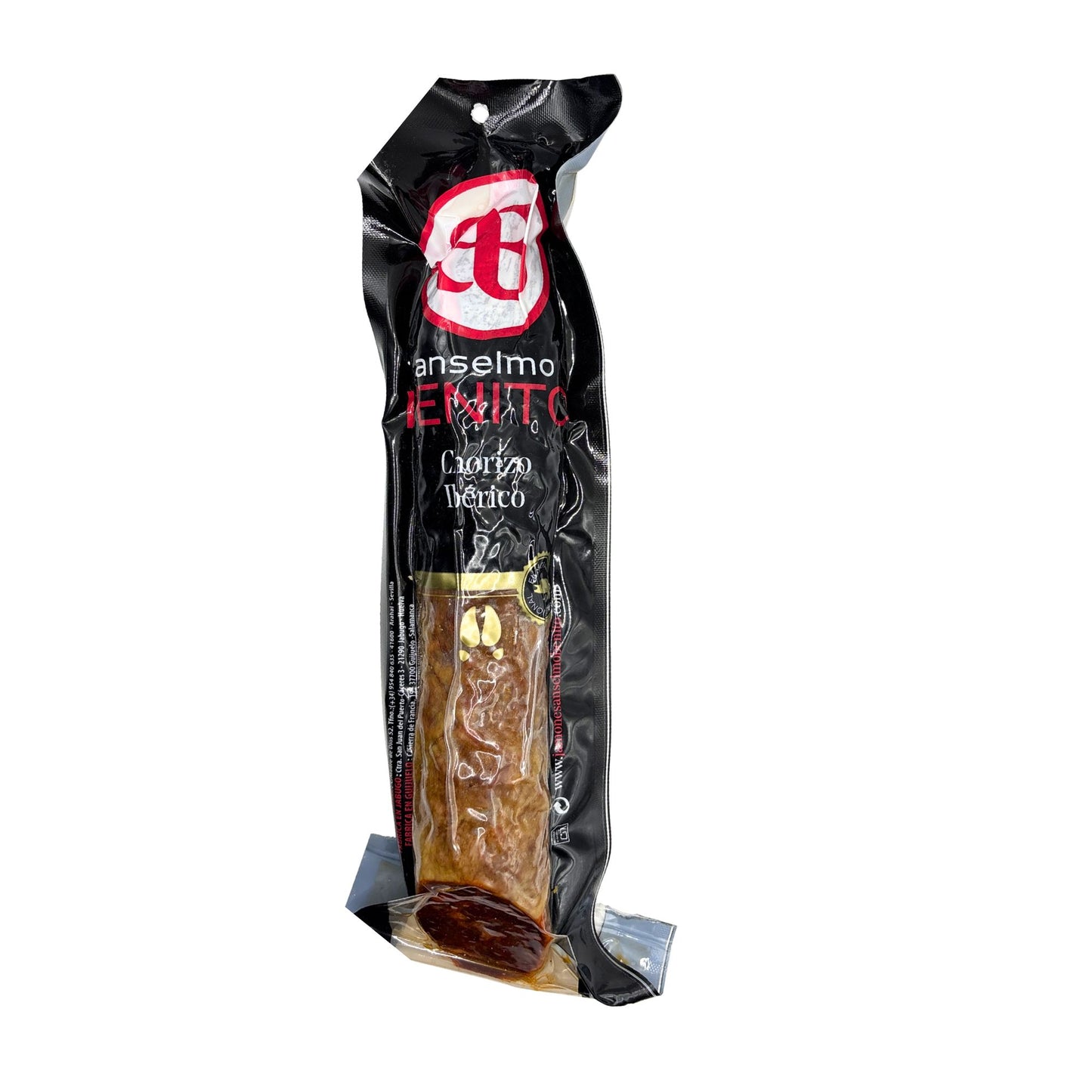 Chorizo ibérico de bellota curado de forma tradicional, embutido gourmet español.