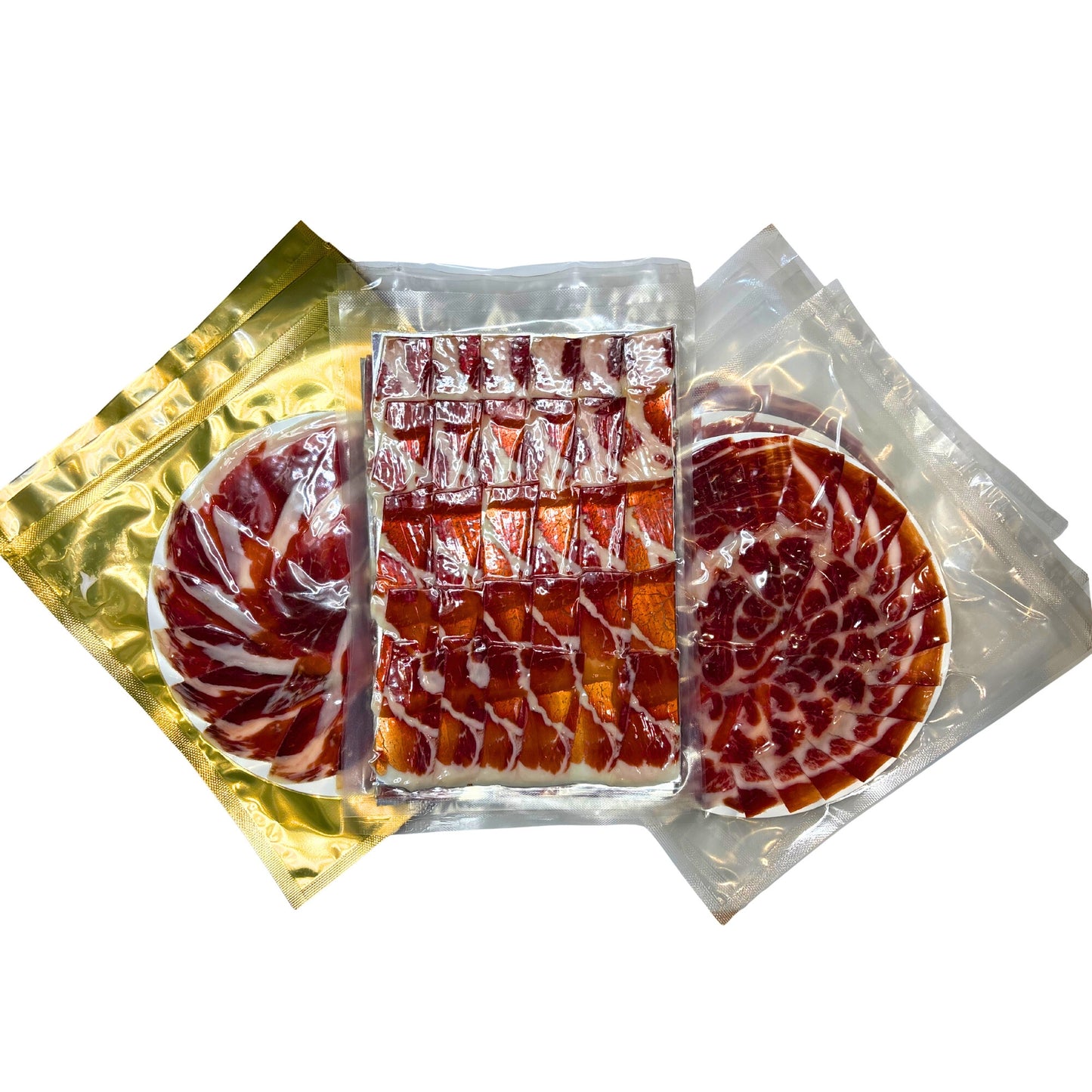 Pack trilogía de jamón ibérico con sobres de bellota, cebo de campo y cebo